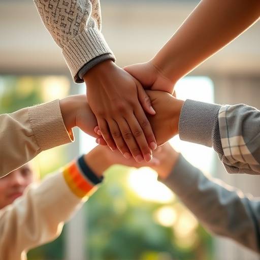 Manos unidas en un gesto de apoyo, representando los valores de comunidad y colaboraci√≥n